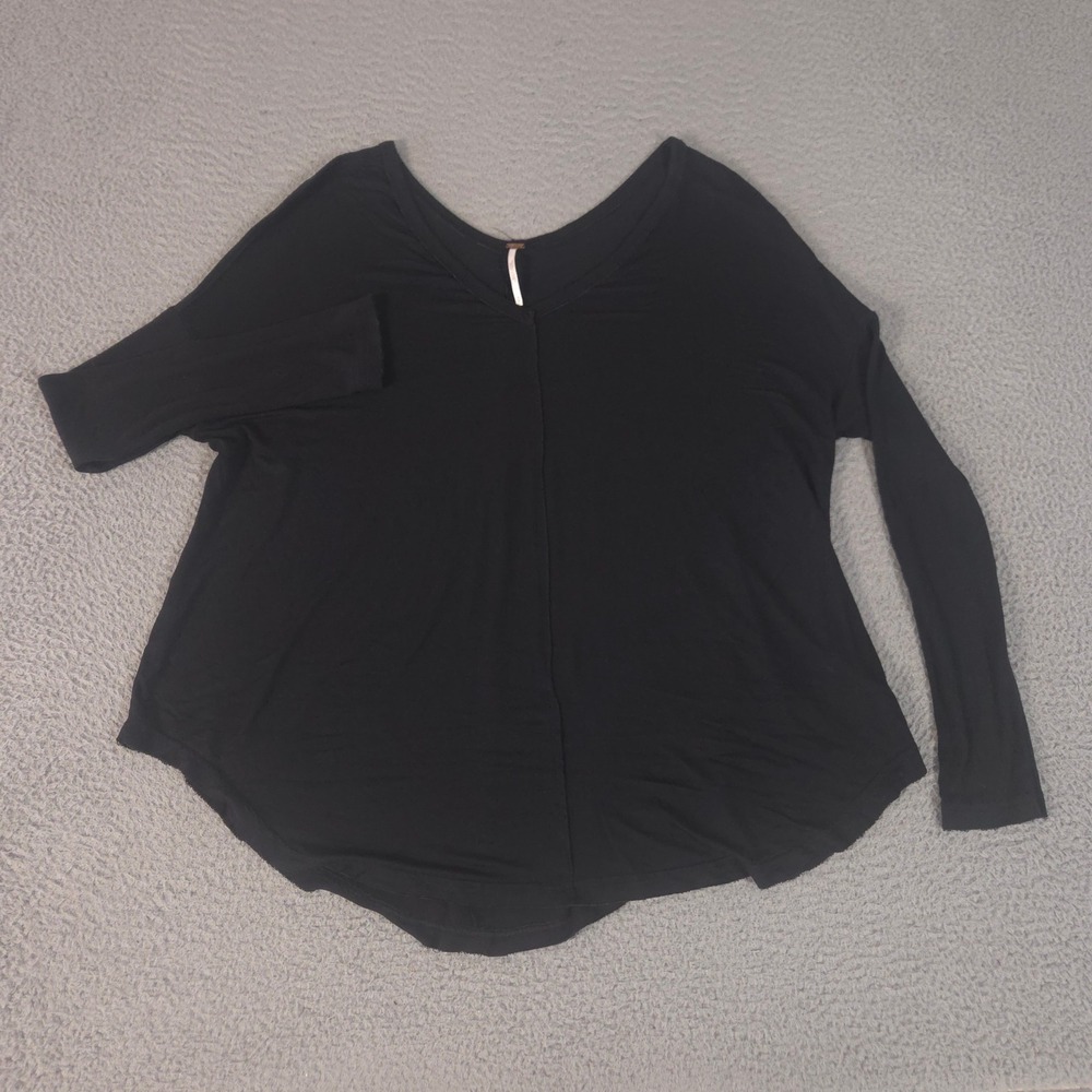 Free People Top Womens S Black Viscose Stretch V-Neck Long Sleeve Slouchy Tee